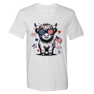 Patriotic Highland Cow 4th Of July V-Neck T-Shirt