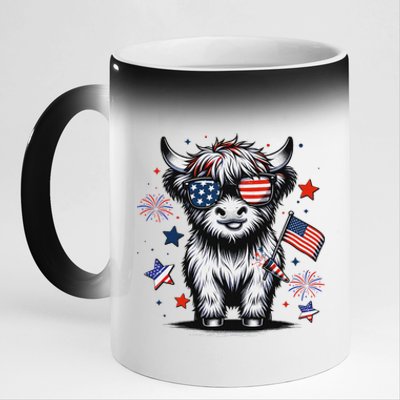 Patriotic Highland Cow 4th Of July 11oz Black Color Changing Mug