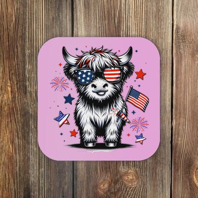 Patriotic Highland Cow 4th Of July Coaster