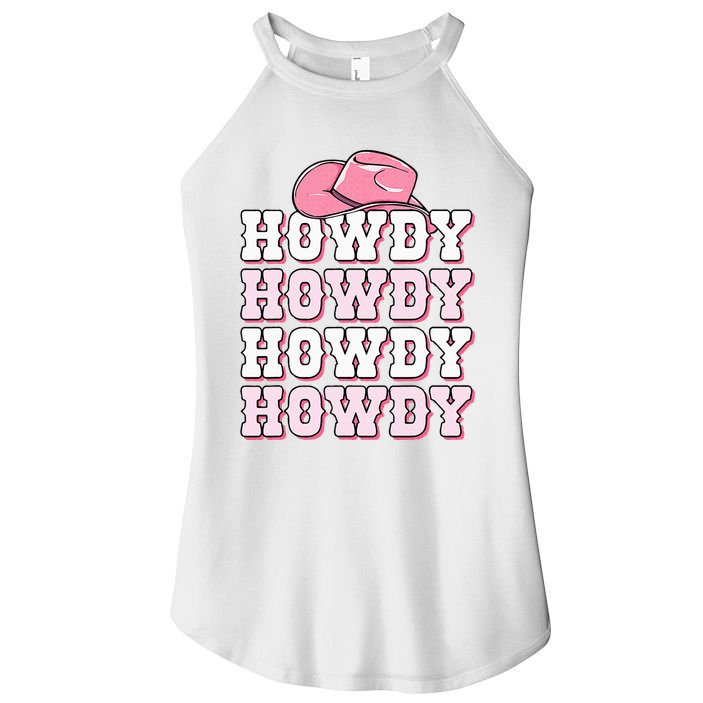 Pink Howdy Cow Print Western Country Cowgirl Texas Rodeo Women's Perfect Tri Rocker Tank