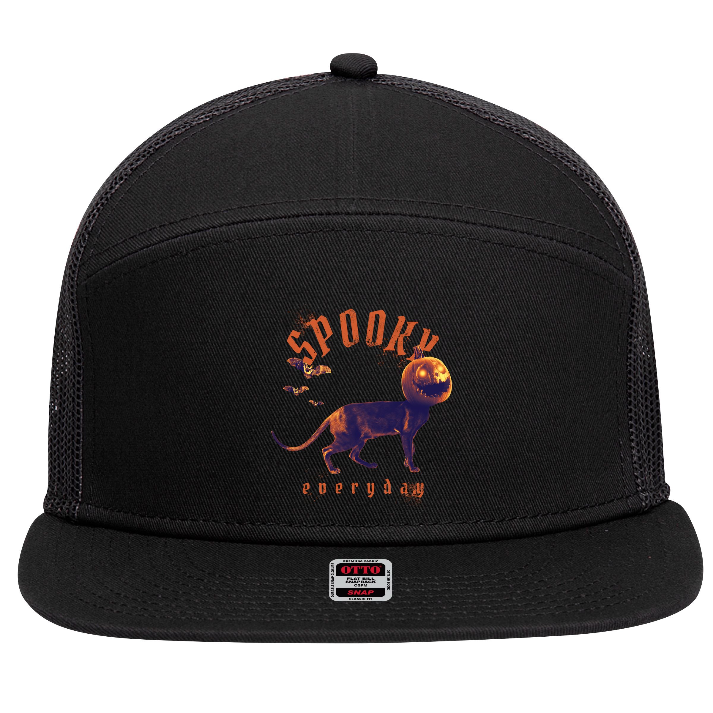 Pumpkin Head Cat 7 Panel Mesh Trucker Snapback Hat