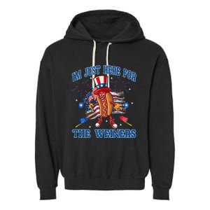 Patriotic Hot Dog Im Just Here For The Wieners 4th Of July Garment-Dyed Fleece Hoodie