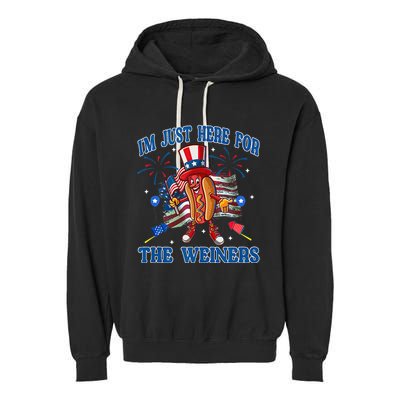 Patriotic Hot Dog Im Just Here For The Wieners 4th Of July Garment-Dyed Fleece Hoodie