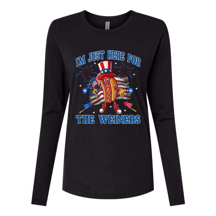 Patriotic Hot Dog Im Just Here For The Wieners 4th Of July Womens Cotton Relaxed Long Sleeve T-Shirt