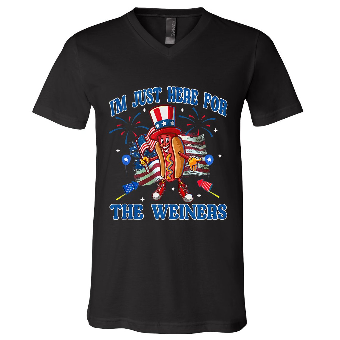 Patriotic Hot Dog Im Just Here For The Wieners 4th Of July V-Neck T-Shirt