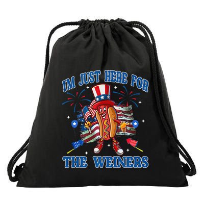 Patriotic Hot Dog Im Just Here For The Wieners 4th Of July Drawstring Bag