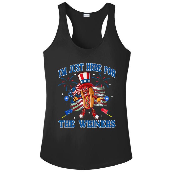 Patriotic Hot Dog Im Just Here For The Wieners 4th Of July Ladies PosiCharge Competitor Racerback Tank