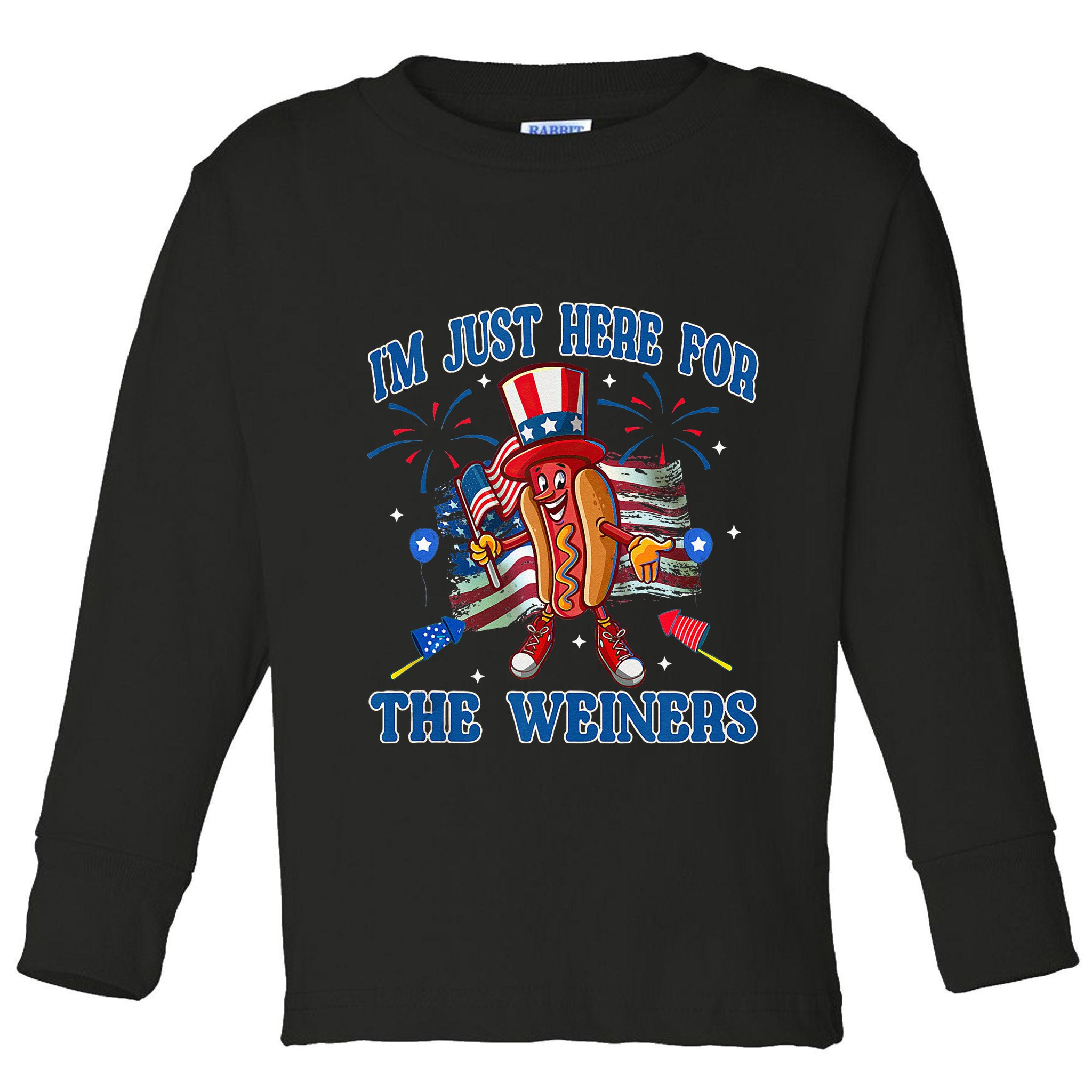 Patriotic Hot Dog Im Just Here For The Wieners 4th Of July Toddler Long Sleeve Shirt