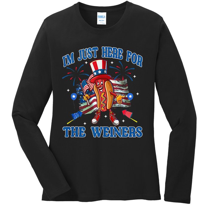 Patriotic Hot Dog Im Just Here For The Wieners 4th Of July Ladies Long Sleeve Shirt