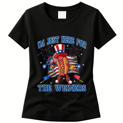 Patriotic Hot Dog Im Just Here For The Wieners 4th Of July Womens T-Shirt