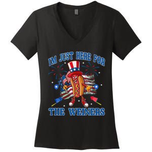 Patriotic Hot Dog Im Just Here For The Wieners 4th Of July Women's V-Neck T-Shirt