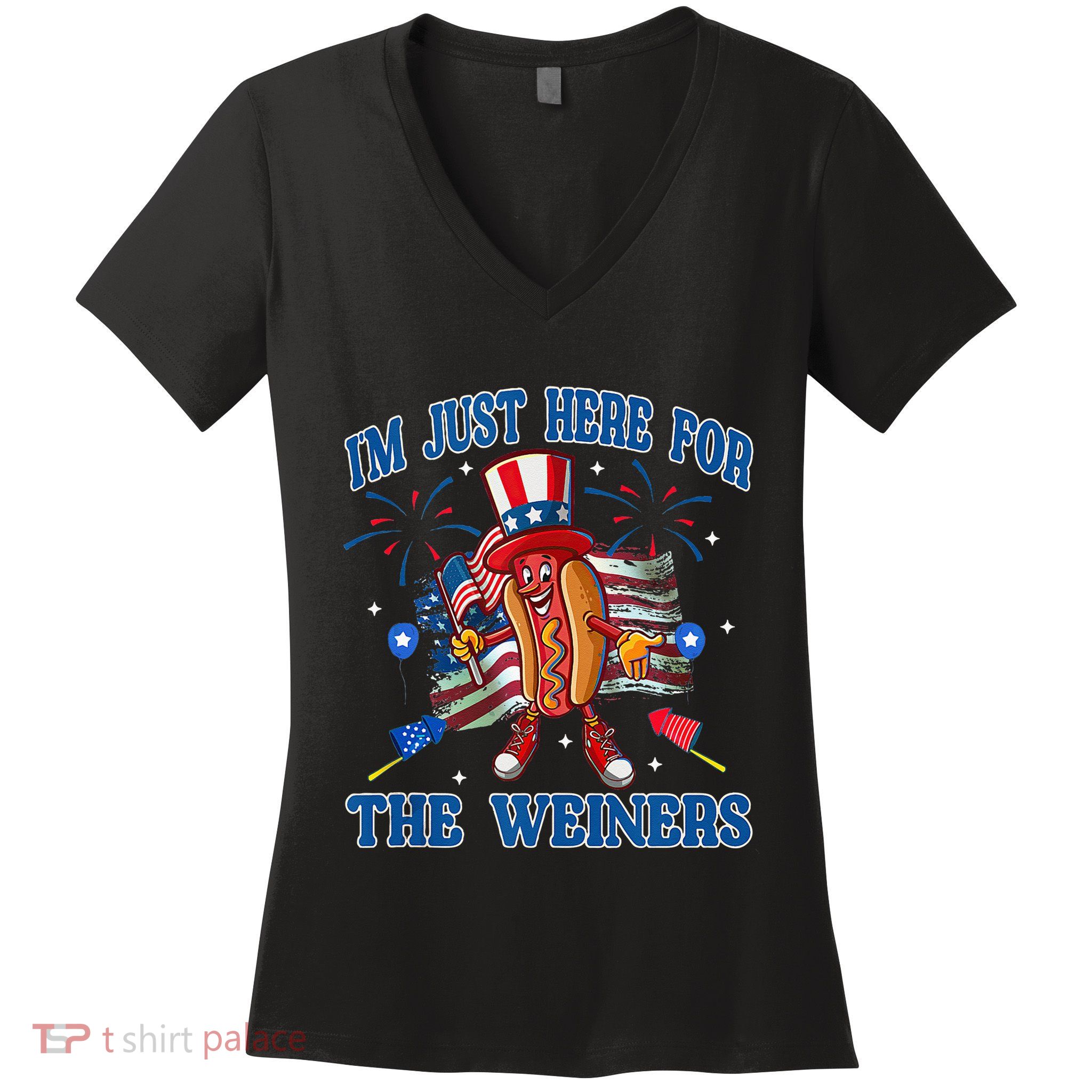 Patriotic Hot Dog Im Just Here For The Wieners 4th Of July Women's V-Neck T-Shirt