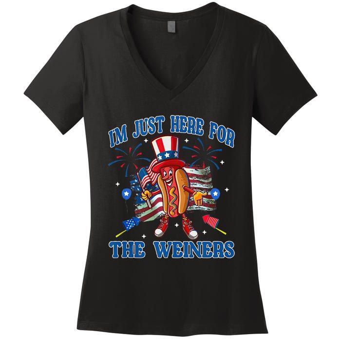 Patriotic Hot Dog Im Just Here For The Wieners 4th Of July Women's V-Neck T-Shirt