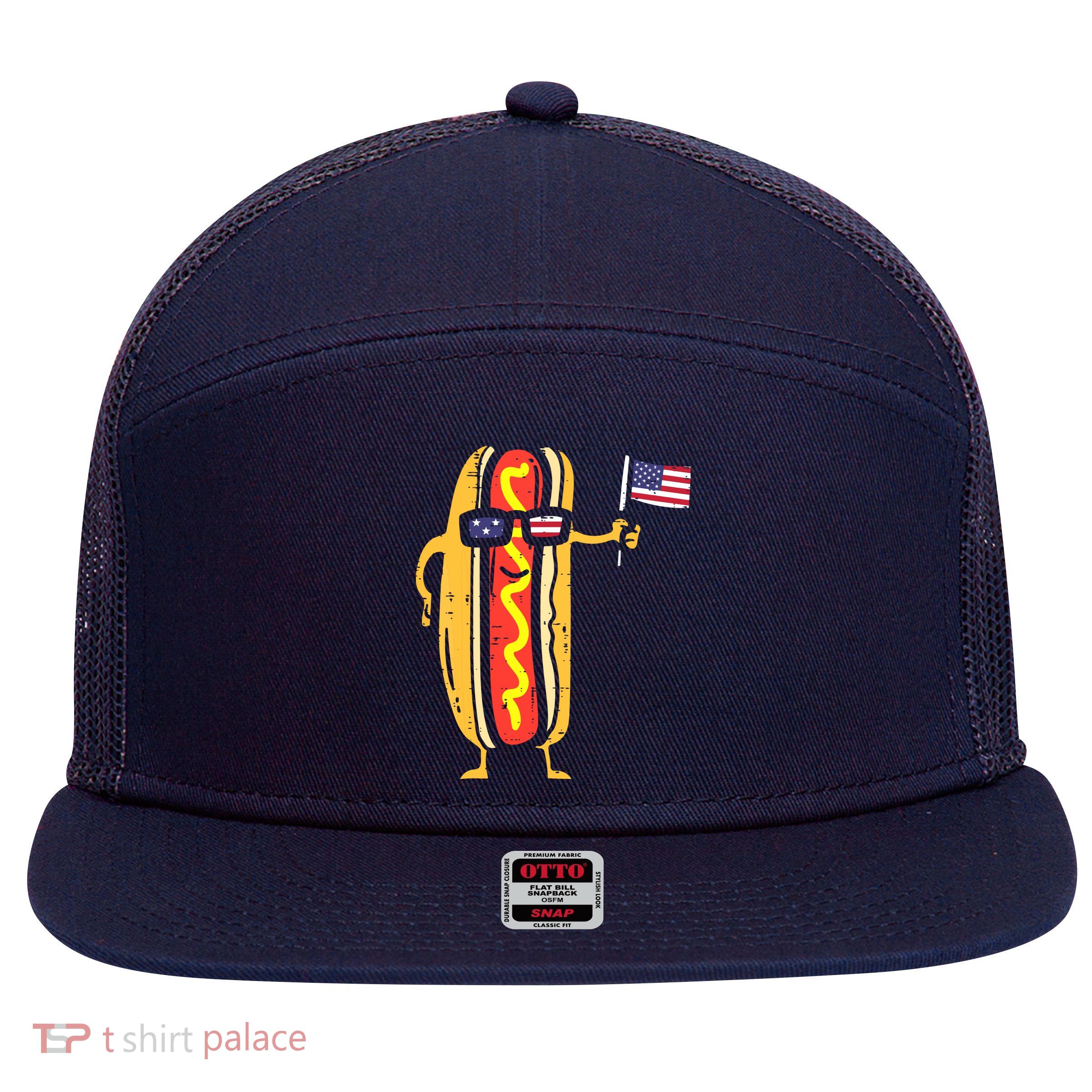 Patriotic Hot Dog American Flag USA Funny 4th Of July Fourth 7 Panel Mesh Trucker Snapback Hat