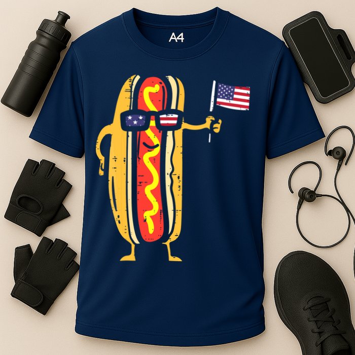 Patriotic Hot Dog American Flag USA Funny 4th Of July Fourth Cooling Performance Crew T-Shirt