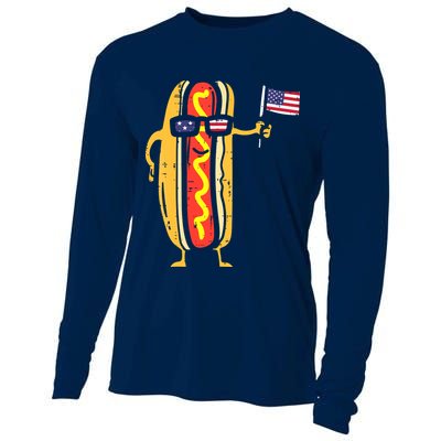 Patriotic Hot Dog American Flag USA Funny 4th Of July Fourth Cooling Performance Long Sleeve Crew