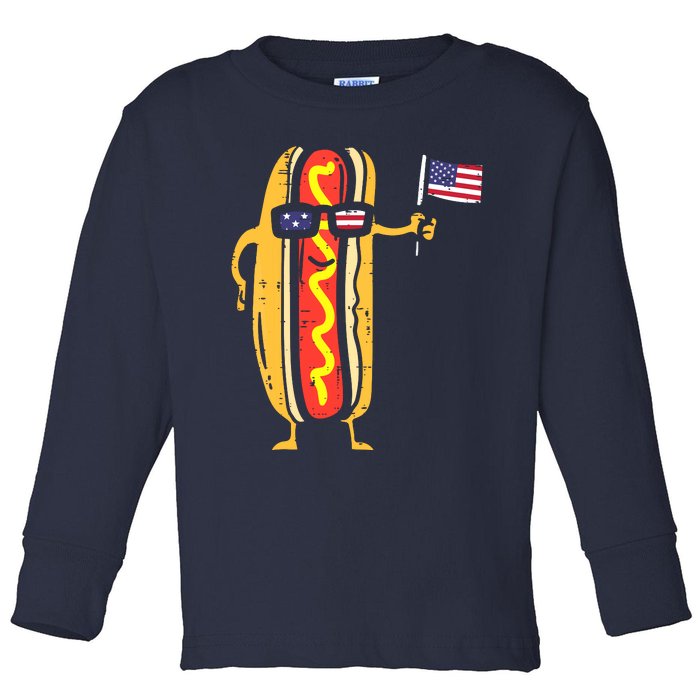 Patriotic Hot Dog American Flag USA Funny 4th Of July Fourth Toddler Long Sleeve Shirt