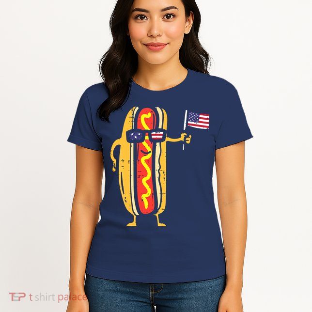 Patriotic Hot Dog American Flag USA Funny 4th Of July Fourth Womens T-Shirt