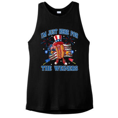 Patriotic Hot Dog Im Just Here For The Wieners 4th Of July Ladies PosiCharge Tri-Blend Wicking Tank