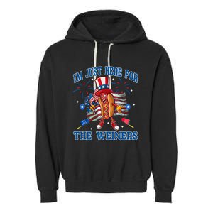 Patriotic Hot Dog Im Just Here For The Wieners 4th Of July Garment-Dyed Fleece Hoodie