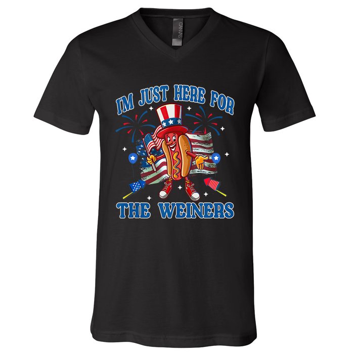 Patriotic Hot Dog Im Just Here For The Wieners 4th Of July V-Neck T-Shirt