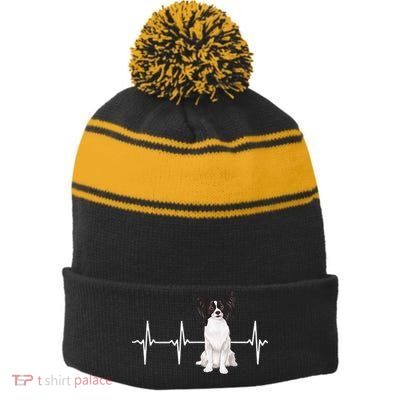 Papillon Heartbeat Dog Lover Stripe Pom Pom Beanie
