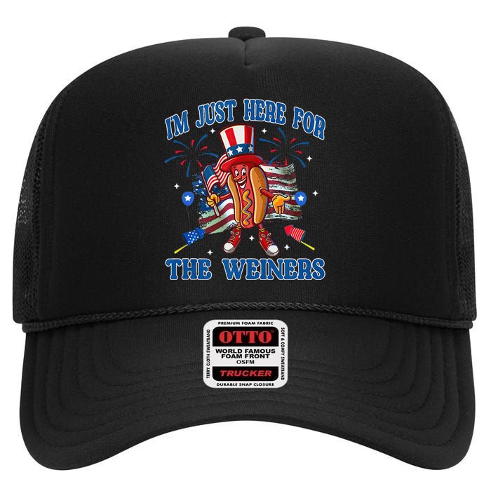 Patriotic Hot Dog Im Just Here For The Wieners 4th Of July High Crown Mesh Back Trucker Hat