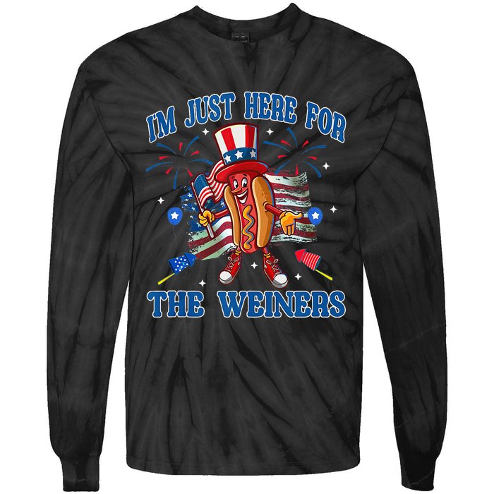 Patriotic Hot Dog Im Just Here For The Wieners 4th Of July Tie-Dye Long Sleeve Shirt