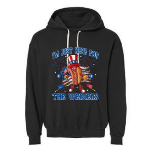 Patriotic Hot Dog I'm Just Here For The Wieners 4th Of July Garment-Dyed Fleece Hoodie