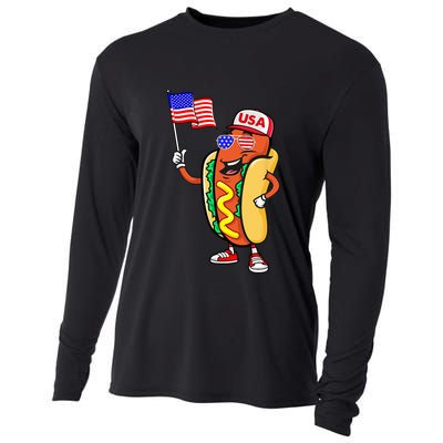 Patriotic Hot Dog American Flag USA Funny 4th Of July Fourth Cooling Performance Long Sleeve Crew