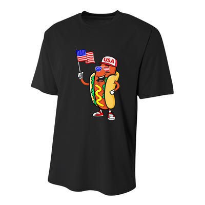 Patriotic Hot Dog American Flag USA Funny 4th Of July Fourth Youth Performance Sprint T-Shirt