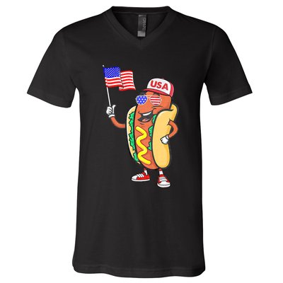 Patriotic Hot Dog American Flag Usa Funny 4th Of July Fourth V-Neck T-Shirt