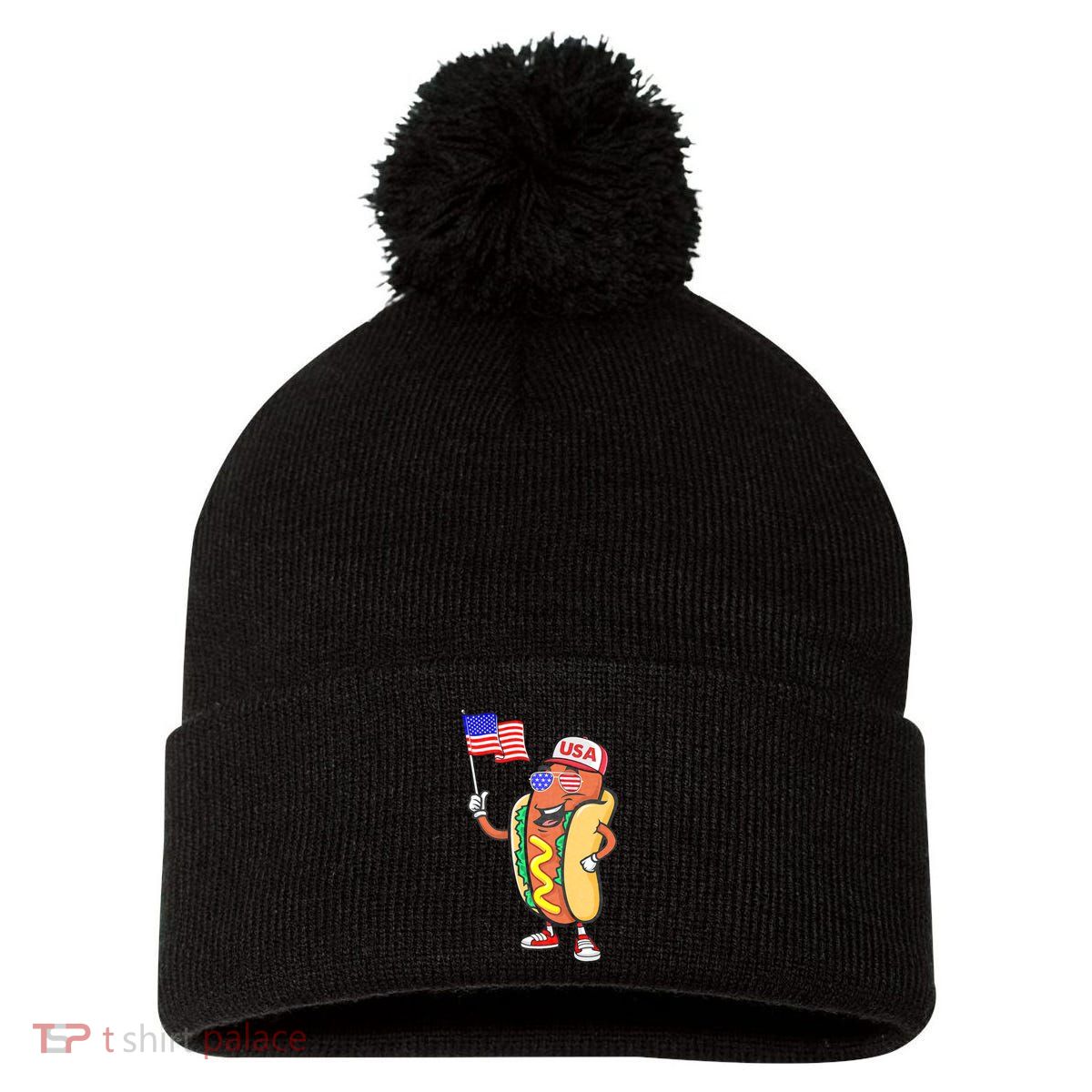 Patriotic Hot Dog American Flag Usa Funny 4th Of July Fourth Pom Pom 12in Knit Beanie