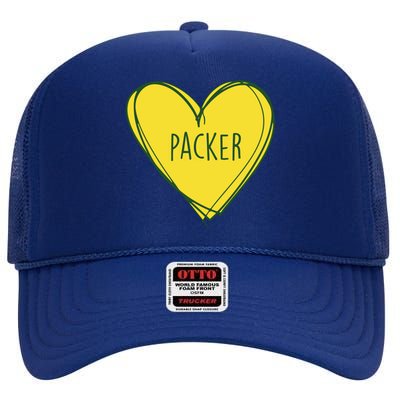 Packers Heart Football Team Touchdown High Crown Mesh Back Trucker Hat