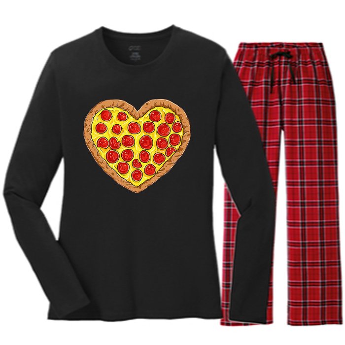 Pizza Heart Funny Valentines Day Pepperoni Lover Women's Long Sleeve Flannel Pajama Set 