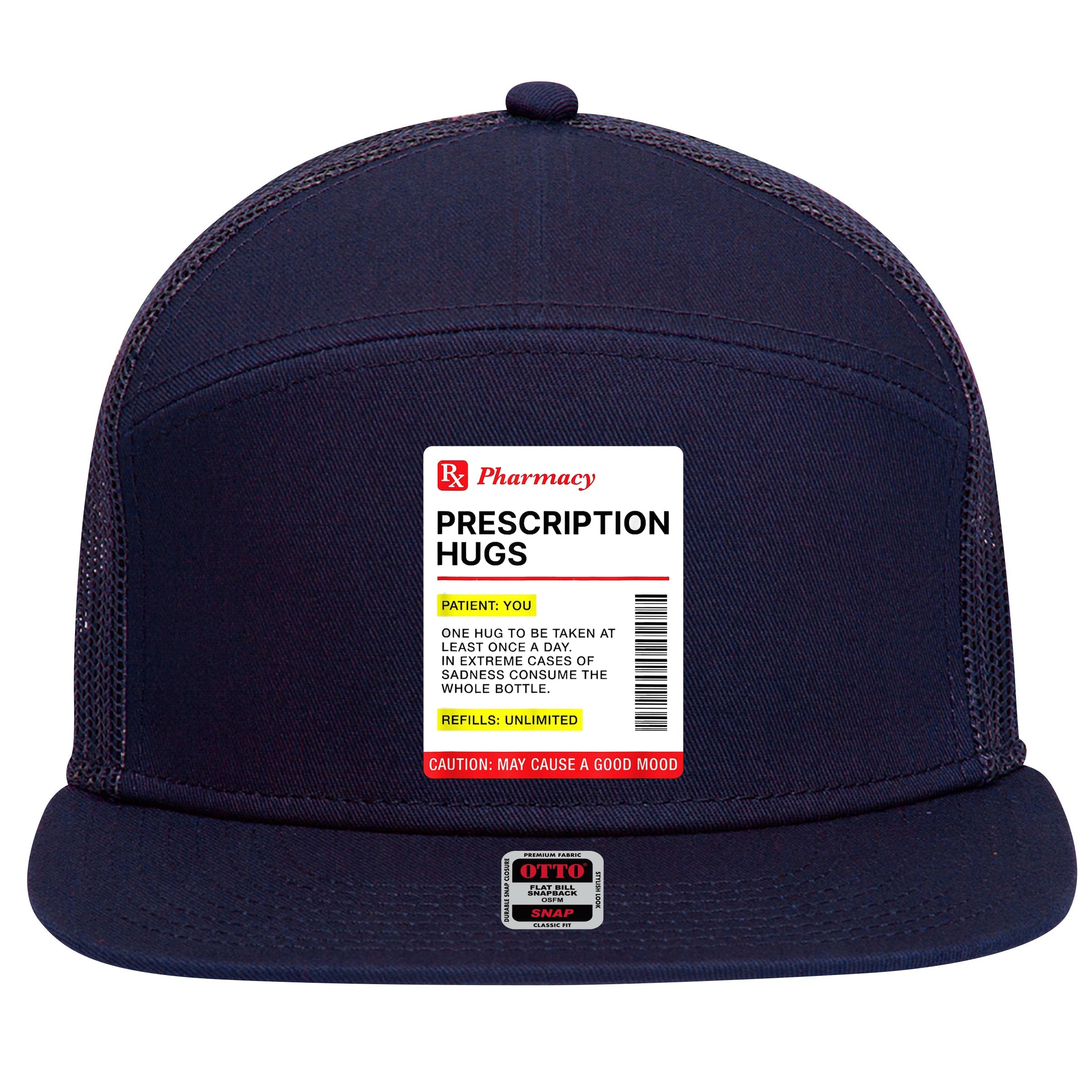 Prescription Hugs Funny Label Lazy Halloween Costume Party 7 Panel Mesh Trucker Snapback Hat
