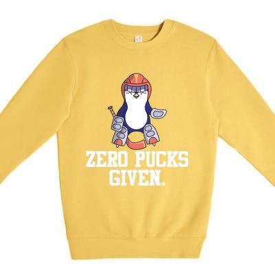 Penguin Hockey Goalkeeper Funny Zero Pucks Given Funny Gift Premium Crewneck Sweatshirt