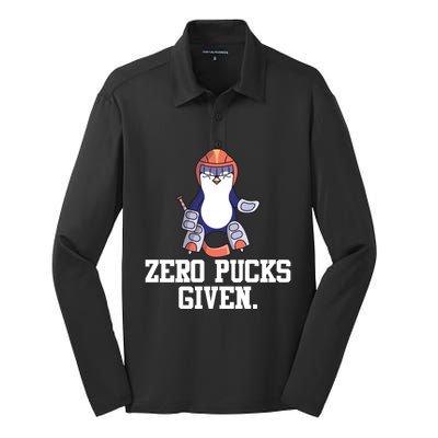 Penguin Hockey Goalkeeper Funny Zero Pucks Given Funny Gift Silk Touch Performance Long Sleeve Polo