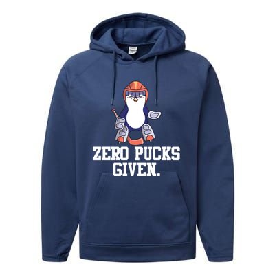 Penguin Hockey Goalkeeper Funny Zero Pucks Given Funny Gift Performance Fleece Hoodie