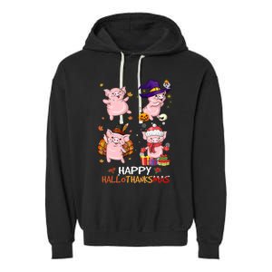 Pig Happy Hallothanksmas Halloween Thanksgiving Xmas Garment-Dyed Fleece Hoodie