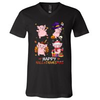 Pig Happy Hallothanksmas Halloween Thanksgiving Xmas V-Neck T-Shirt