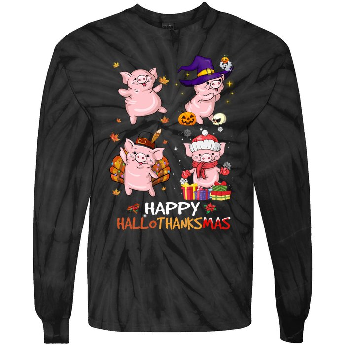 Pig Happy Hallothanksmas Halloween Thanksgiving Xmas Tie-Dye Long Sleeve Shirt