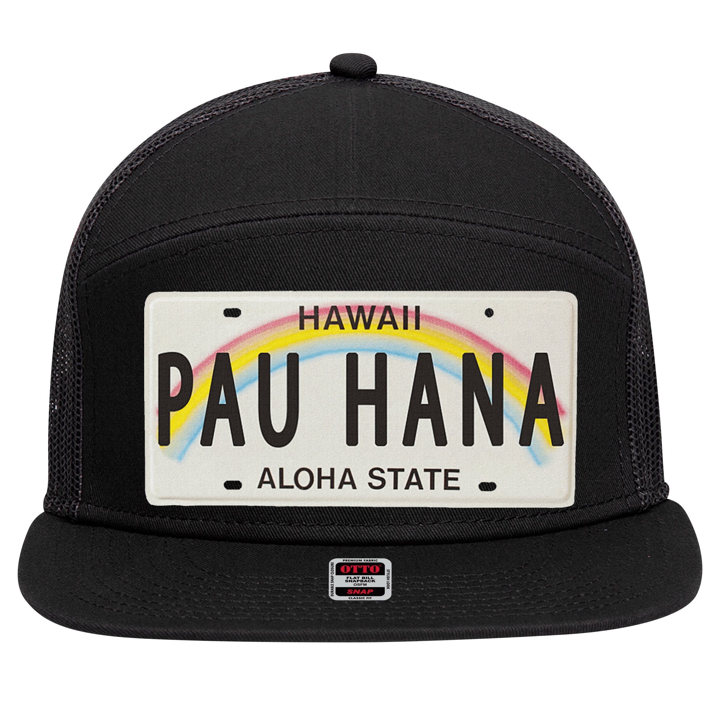 Pau Hana Hawaii License Plate 7 Panel Mesh Trucker Snapback Hat