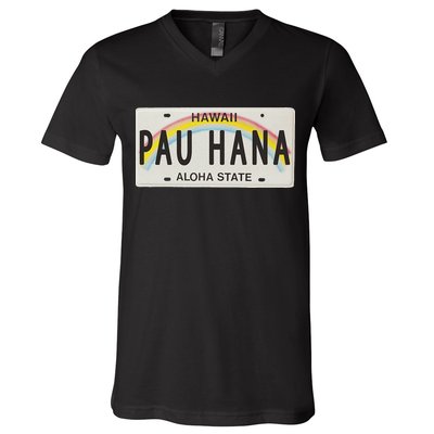 Pau Hana Hawaii License Plate V-Neck T-Shirt