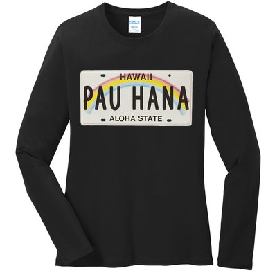Pau Hana Hawaii License Plate Ladies Long Sleeve Shirt