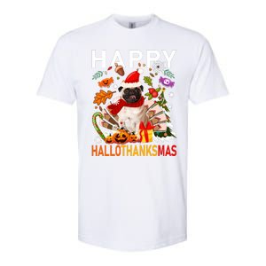 Pug Happy Hallothanksmas Halloween Thanksgiving Christmas Sweatshirt Softstyle CVC T-Shirt