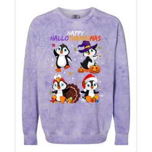 Penguin Happy Hallothanksmas Halloween Thanksgiving Xmas Cute Gift Colorblast Crewneck Sweatshirt