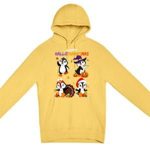 Penguin Happy Hallothanksmas Halloween Thanksgiving Xmas Cute Gift Premium Pullover Hoodie