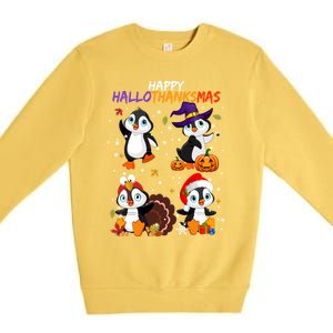 Penguin Happy Hallothanksmas Halloween Thanksgiving Xmas Cute Gift Premium Crewneck Sweatshirt