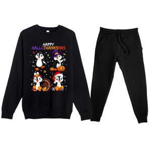 Penguin Happy Hallothanksmas Halloween Thanksgiving Xmas Cute Gift Premium Crewneck Sweatsuit Set